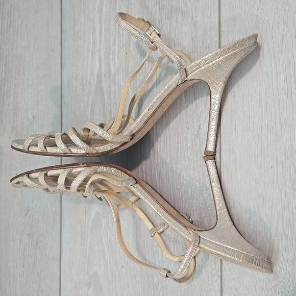 Jimmy Choo WomenElegant Strappy Heels in Shimmering Gold Sandals Shoes 37.5/7.5 - Picture 9 of 14